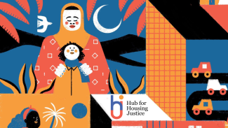 Illustration showing geometric shapes and frames, including a woman in a hijab and a small child looking upwards