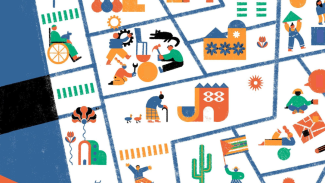 A zoomed in version of an illustration of a street plan imagined with abstract geometric shapes representing buildings and people walking, building, carrying out tasks