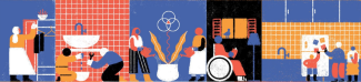 An illustration of a cross section of a house with rooms with people carrying out daily household tasks, such as cooking, making repairs, and lounging